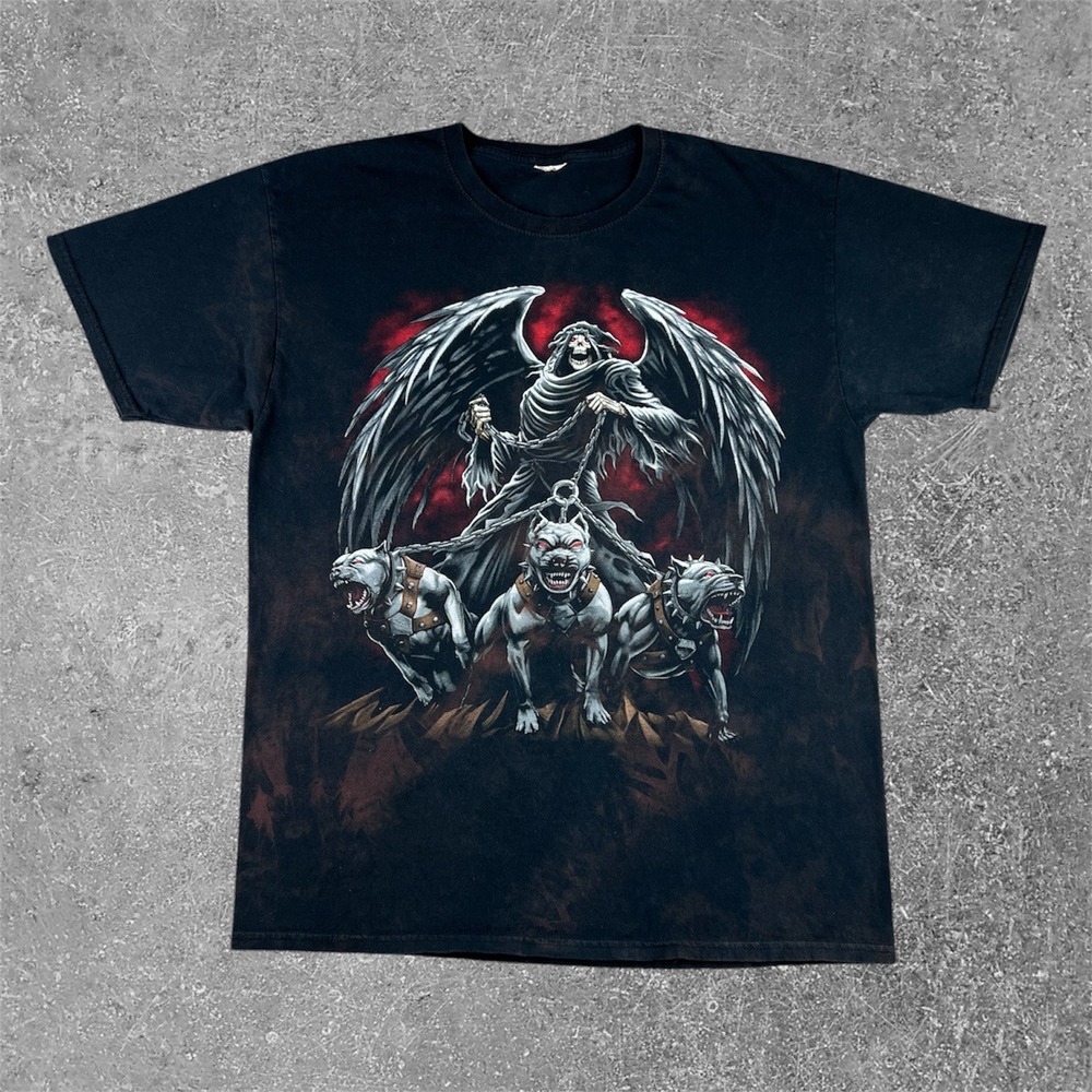 Y2K Grim Reaper Pitbull Graphic T-Shirt Mens L Black Brown Tie Dye Gothic Biker
